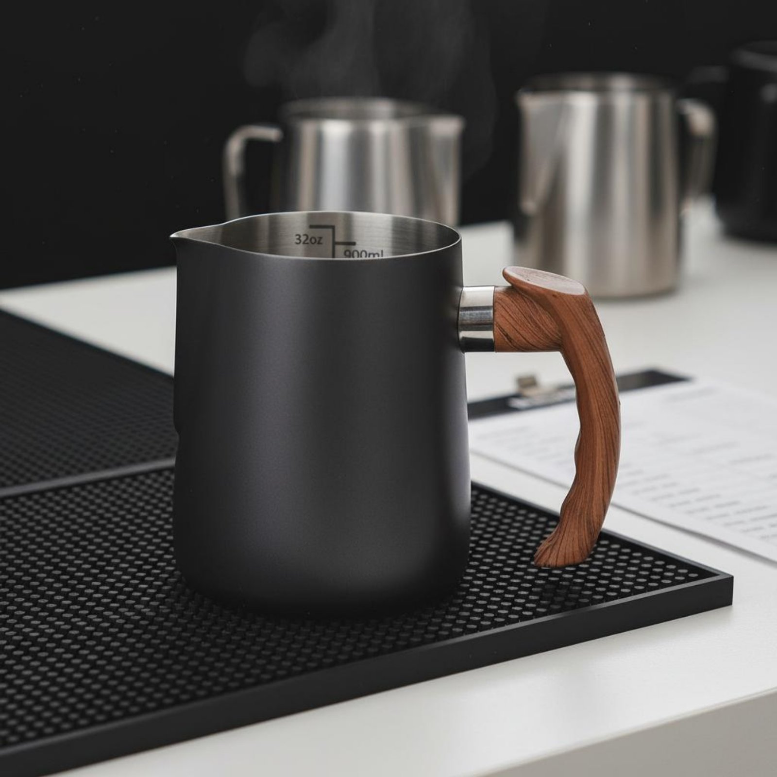 Latte Art Jug with Wooden Hand - Milk Steaming Pitcher 评论和价格